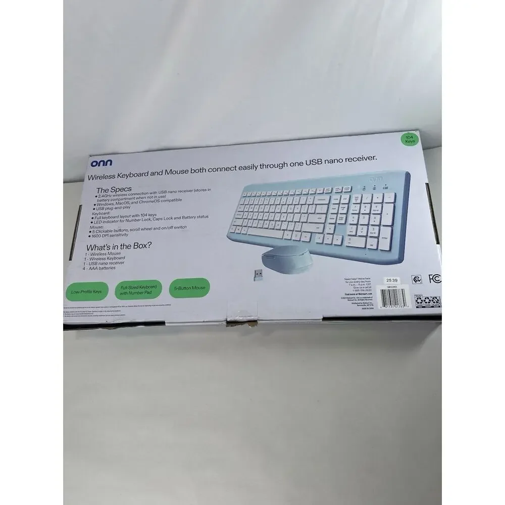 onn Wireless Keyboard Mouse Combo 104 Key Teal Blue USB Receiver New